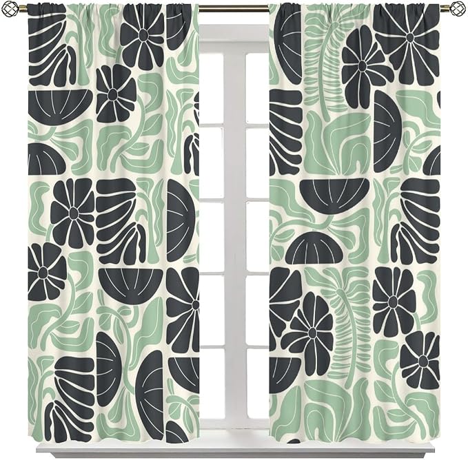 JESTRONRY Mid Century Boho Curtains, Modern Abstract Abstract Geometric Green Floral Pattern Print Blackout Window Door Curtains for Bedroom Living Room Home Decor 55x63in