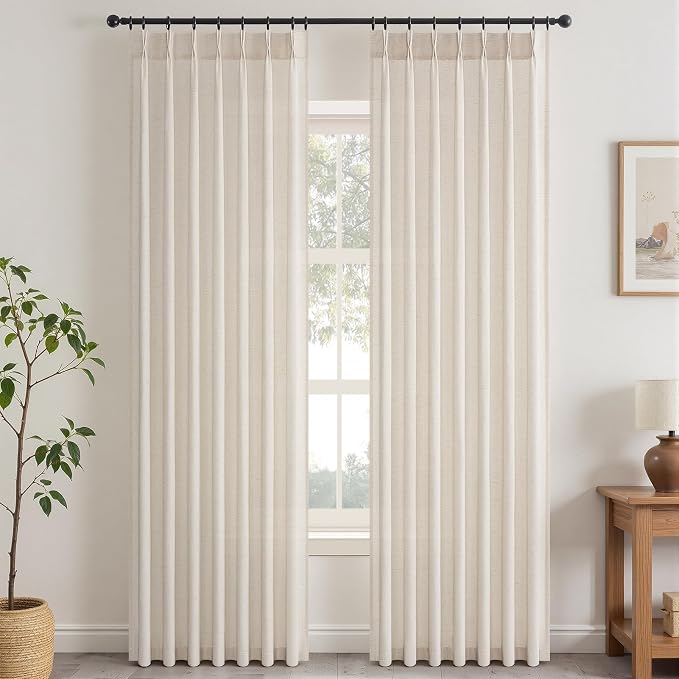 Topfinel Pinch Pleated Curtains 90 Inches Long 2 Panels Set,Ivory Beige Semi Sheer Cotton Blend Fabric Aesthetic Advanced Curtain Drapes for Living Room Bedroom,40x90 inch Length