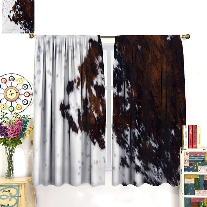 Cow Print Blackout Curtain,Retro Farm Style Animals Brown Cowhide Cow Fur Print Window Treatments Rod Pocket Curtain for Bedroom Living Room Kitchen Decor Drapes 55x63in