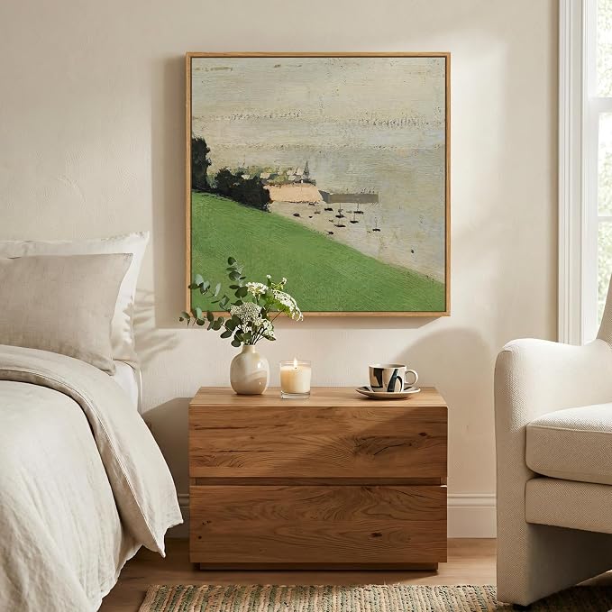 Framed Green Abstract Landscape Wall Art, Modern Minimalist Coastal Canvas Prints Paintings for Walls, Rustic Nature Square Pictures for Living Room Bedroom Dining Room Bathroom Wall Decor, 24x24 In