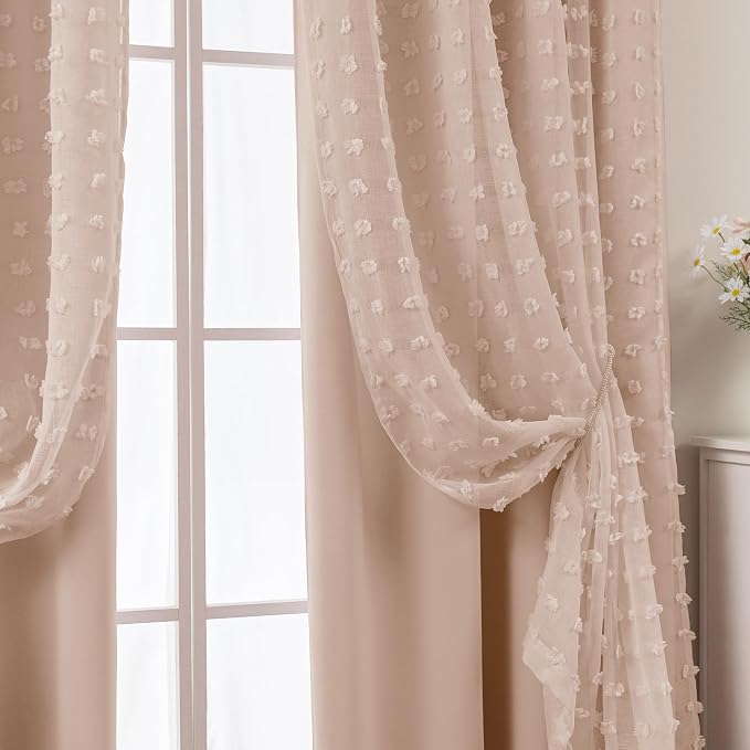 Lino Rosa Dusty Pink Curtains for Girls Bedroom Nursery,Pom Pom Blackout Double Layered Curtains 63 Inch Length