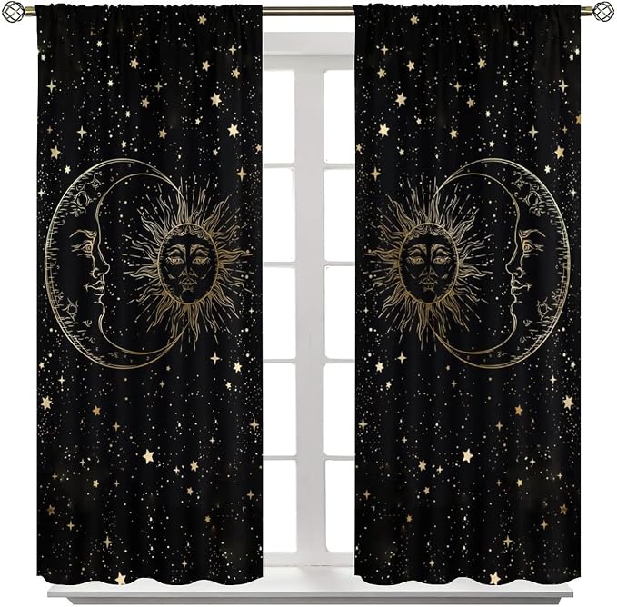 Sun Moon Blackout Windows Curtains, Golden Sun Moon and Stars Black Sky on Bohemian Style Curtains, for Living Room Bedroom 42x54in 2 Panels
