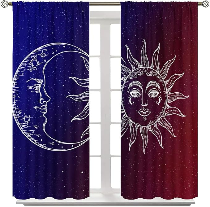 Sun Moon Blackout Windows Curtains, Burning Sun Moon Red Blue Cosmic Galaxy Bohemian Curtains, for Living Room Bedroom 42x63in 2 Panels