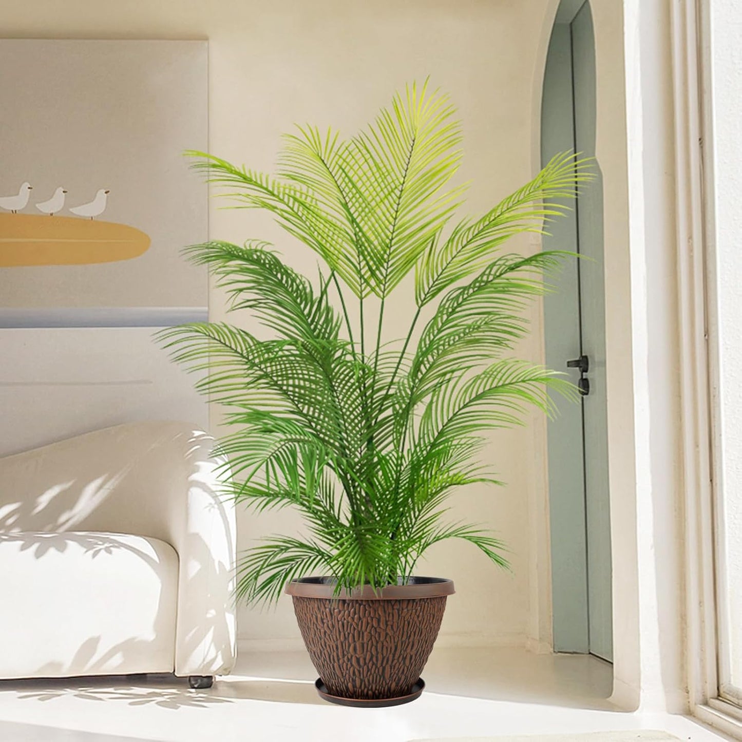 4 Pack 12 Inch Pots for Plants, Plastic Outdoor Flower Pots with Drainage Hole & Tray, Large Planters for Garden Porch Home Indoor Outdoor Decor - Pebbles Pattern Design Plant Pots