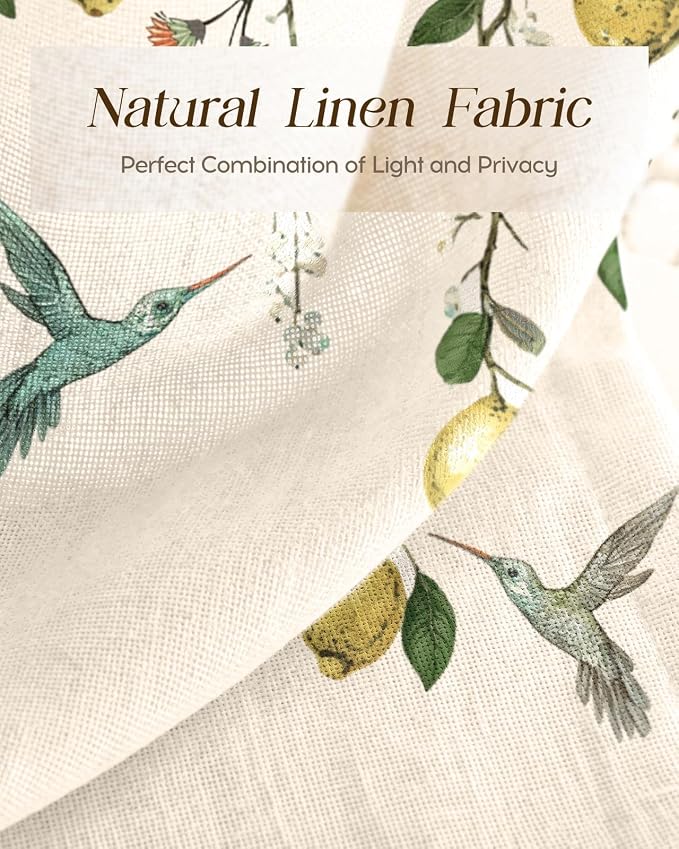 Miss Adola Farmhouse Kitchen Tier Curtains - 45 Inch Length Linen Blend Vintage Cafe Curtains Lemon Bird Small Window Treatments Over Sink Rod Pocket for Bathroom Living Room Light Filtering, 2 Panels