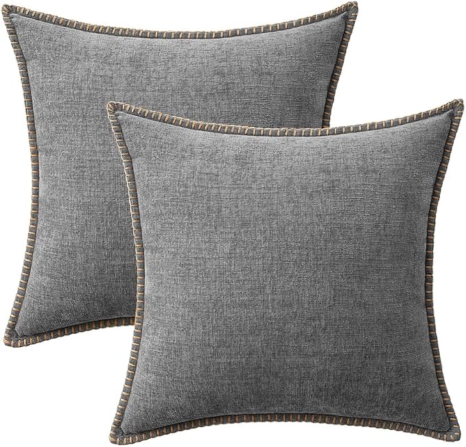 MIULEE Pack of 2 Couch Throw Pillow Covers 20x20 Inch Dark Gray Farmhouse Decorative Pillow Covers with Stitched Edge Soft Chenille Solid Dyed Pillow Covers for Sofa Bed Living Room