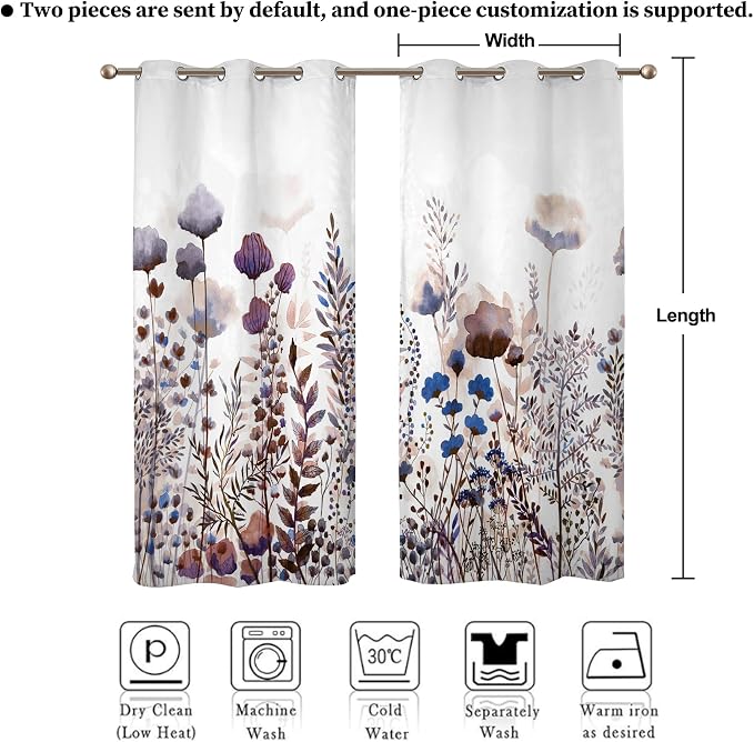 Renaiss Wild Flowers Blackout Curtains, Pastel Botanical Floral Print Thermal Insulated Bedroom Window Curtains, Nature Plants Window Drapes for Living Room, 96" L x 53" W 2 Panel Set