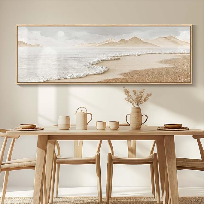 Framed Boho Coastal Beach Wall Art for Living Room, Large Neutral Ocean Canvas Artworks for Walls, Horizontal Abstract Minimalist Coastal Art Print for Bedroom Kitchen Office Wall Decor, 20x60 Inch