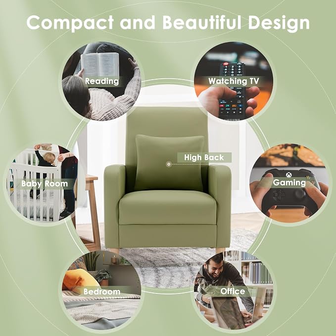 COLAMY Mid-Century Modern Accent Chair, Faux Leather Upholstered Living Room Chair with Back Pillow & Solid Wood Legs, Comfy Armchair for Living Room, Bedroom, Single Sofa, Light Green