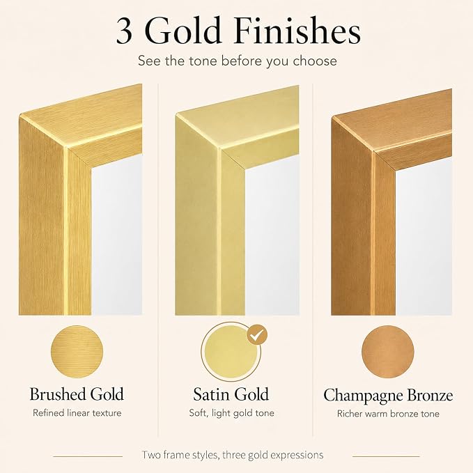 24"x36" Satin Gold Framed Rectangle Bathroom Vanity Wall Mirror | Over-Sink Vanity Mirror, Slim Metal Frame, Entryway or Dresser Use, Vertical/Horizontal Mount, Tempered Glass