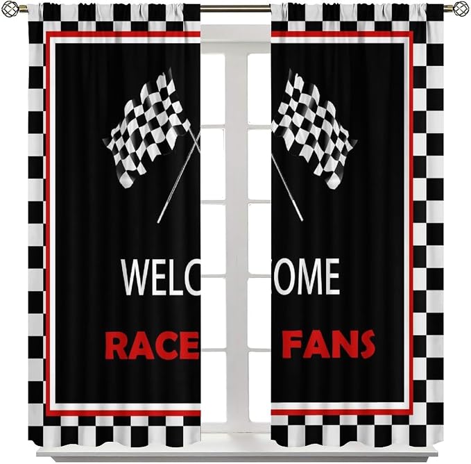 Racing Theme Blackout Curtain,Checkered Flag Black White Race Car Window Curtains Cloth Farbic for Kitchen Bedroom Cafe Dining Room Office Living Room Drapes, 55x63 in
