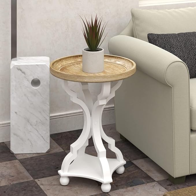 COZAYH Farmhouse Cottagecore End Table, Rustic Wood Tray Top Round Accent Table with White Curved Legs for Family Room, Living Room, or Small Spaces