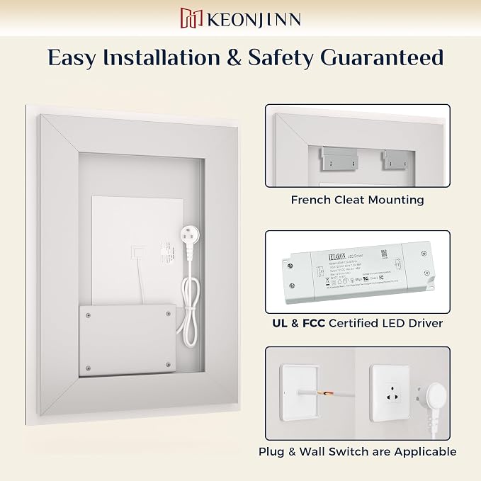 Keonjinn 24x32 Inch LED Bathroom Mirror with Light, Frontlit & Backlit, Lighted Mirrors for Bathroom Wall with Dimmable 3-Color Lights, Anti-fog Vanity Mirror with Tempered Glass, UL-Listed LED Driver