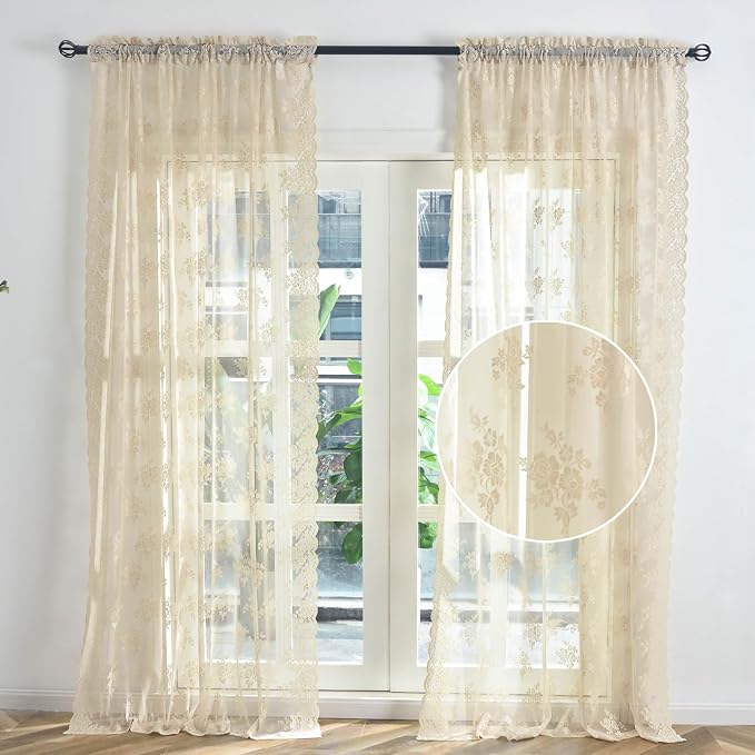 Kotile Beige Lace Curtains 63 Inch Length 2 Panels, Country Rustic Floral Patterned Vintage Beige Sheer Curtains for Bedroom, Rod Pocket Privacy Light Filtering Sheer Window Drapes, 42 x 63 Inch