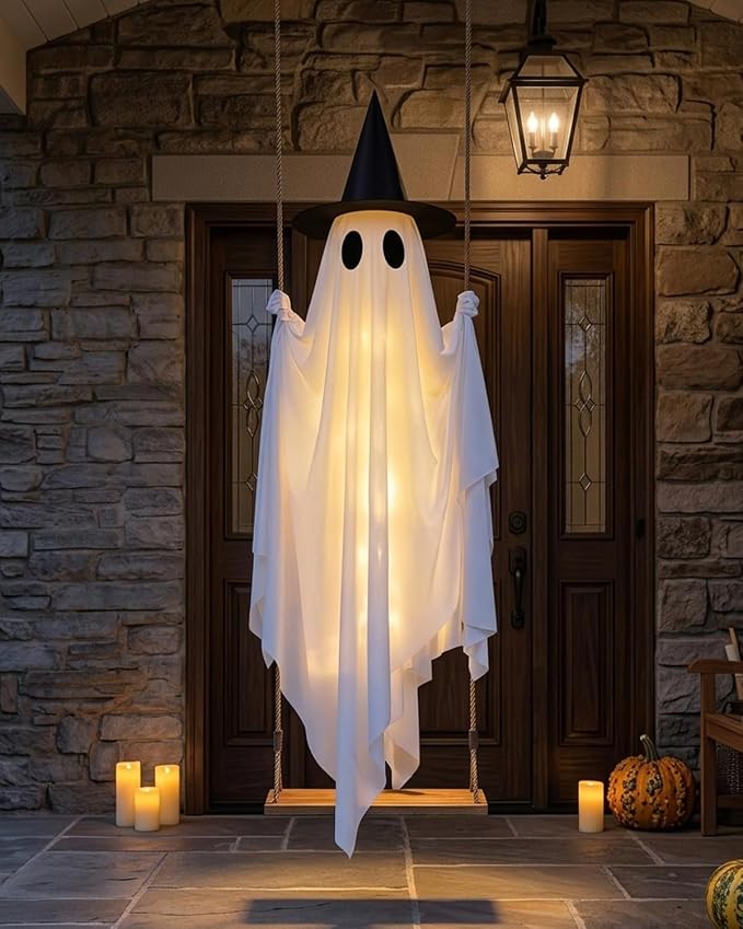 Halloween Hanging Swing Ghost Halloween Decor, Spooky Ghost Decor Outdoor | LED Lights & Remote Control, Timer Function, Waterproof, Solid Wood,With Witch Hat, Rope Adjustable