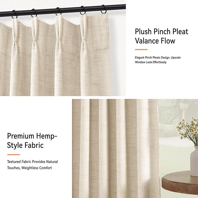 100% Blackout Shield Linen Look Textured Pinch Pleated Curtains Blackout Drapes 105 Inch Long 2 Panels Set, Faux Linen Blackout Curtains for Bedroom & Living Room, 40" W x 105" L, Cream
