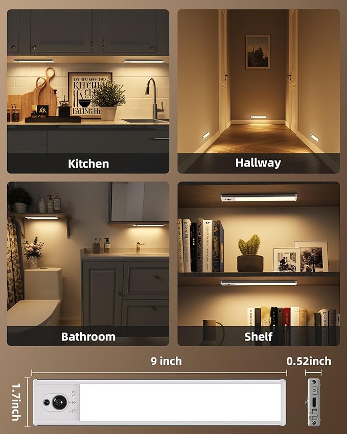EZVALO 3-Pack Under Cabinet Lighting, 2400mAh Motion Sensor Light, LED Closet Lights Wireless, 3000K Dimmable, Timer, Magnetic, with Remote Control for Kitchen, Closet, Stairs