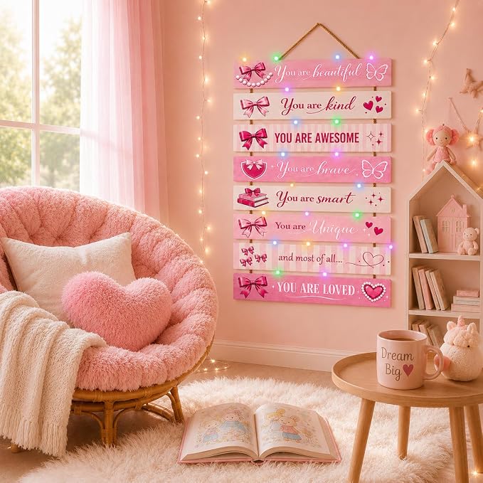 Cute Pink Bow Room Decor Set of 8 with Led Light for Teen Girls Kids Toddler, Preppy Inspirational Bow Wood Nursery Wall Decor for Dorm Bedroom, Dreamy Cozy Chic Motivational Princess Room Decor