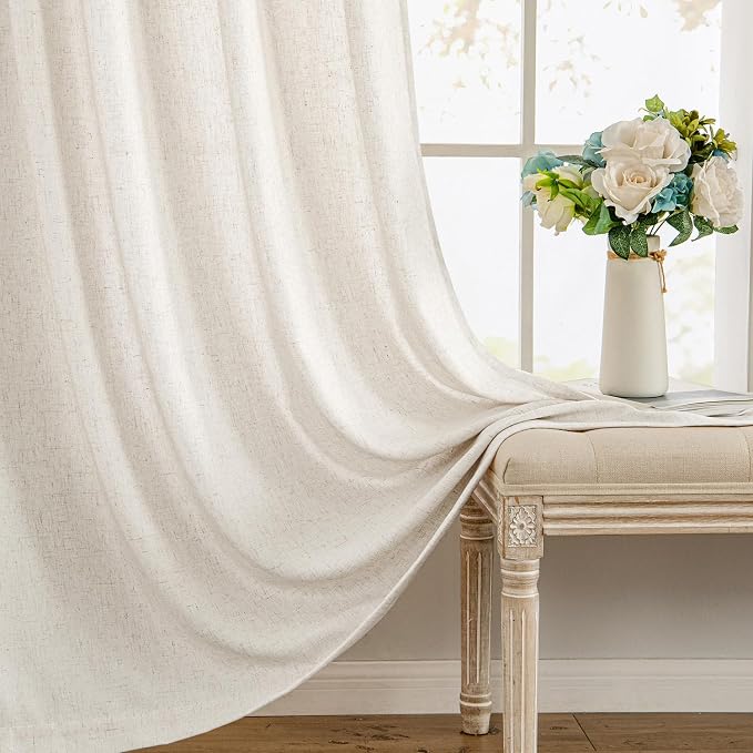 MIULEE Non-See-Through Privacy Linen Curtains 2 Panels, Light Filtering Window Curtains Farnhouse Textured Back Tab Semi Sheer Drapes for Bedroom Living Room, 52 x 54 Inches Long, Natural White