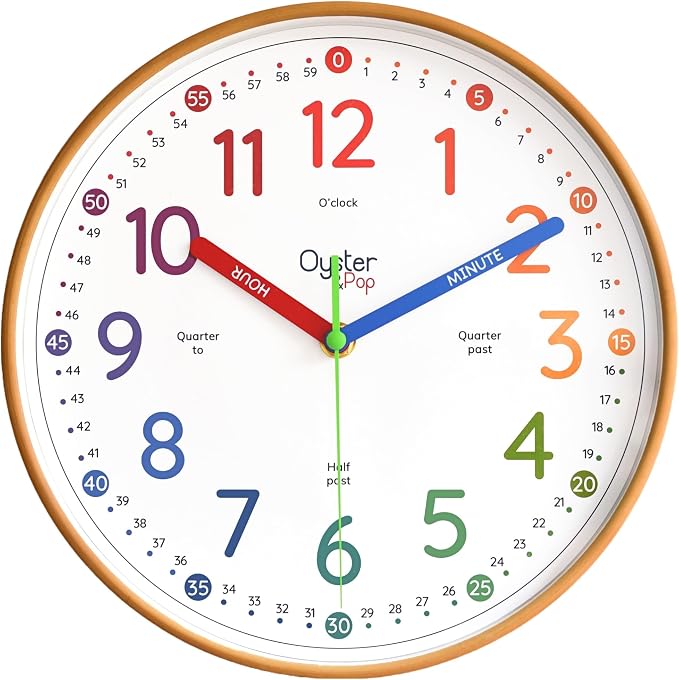 Oyster&Pop Kids Clock - Silent 10" Analog Clock, Learning Wall Clocks - Award-Winning Telling Time Teaching Clock for Kids - Bedrooms Homeschool & Classrooms - Includes eBook