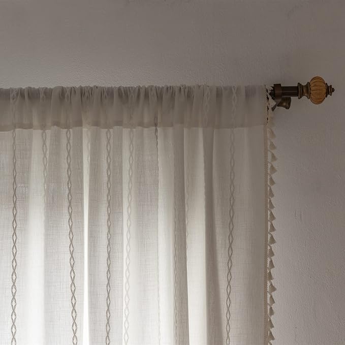 RoomTalks White Boho Farmhouse Kitchen Curtains 45 Inch Length French Striped Modern Vintage Chic Textured Tassel Charcoal Short Cafe Curtains for Small Window Kitchen Bathroom Decor