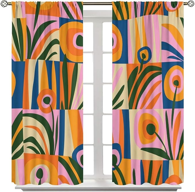 JESTRONRY Mid Century Boho Curtains, Modern Abstract Cute Retro Floral Vintage Checkered Flower Print Blackout Window Door Curtains for Bedroom Living Room Home Decor 63x63in