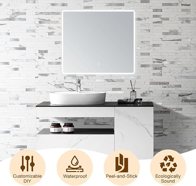Peel and Stick Backsplash Tile Waterproof Removable PVC Wall Sticker 3D Faux Stone Marble Brick White Accent Panels (Rough White Marble - Metal Silver, 40 Tiles - 18 sq. ft. (1.68 mยฒ)