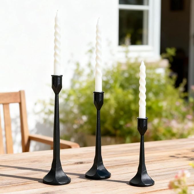 Black Iron Taper Pillar Candle Holders Set of 3, Candlestick Holders Rustic Vintage Decorations, Tall Candle Stand for Home Decor Mantle Dining Coffee Table Outdoor Wedding-11.8"+13.8"+15.4"