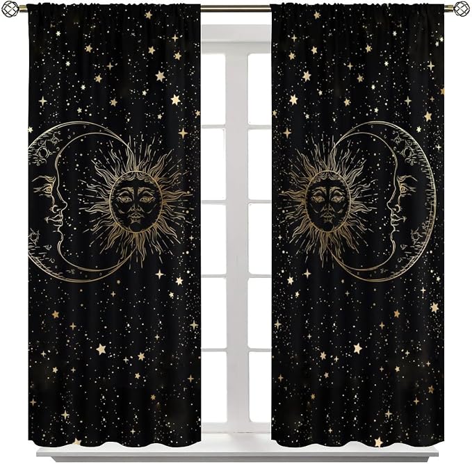 Sun Moon Blackout Windows Curtains, Golden Sun Moon and Stars Black Sky on Bohemian Style Curtains, for Living Room Bedroom 42x45in 2 Panels
