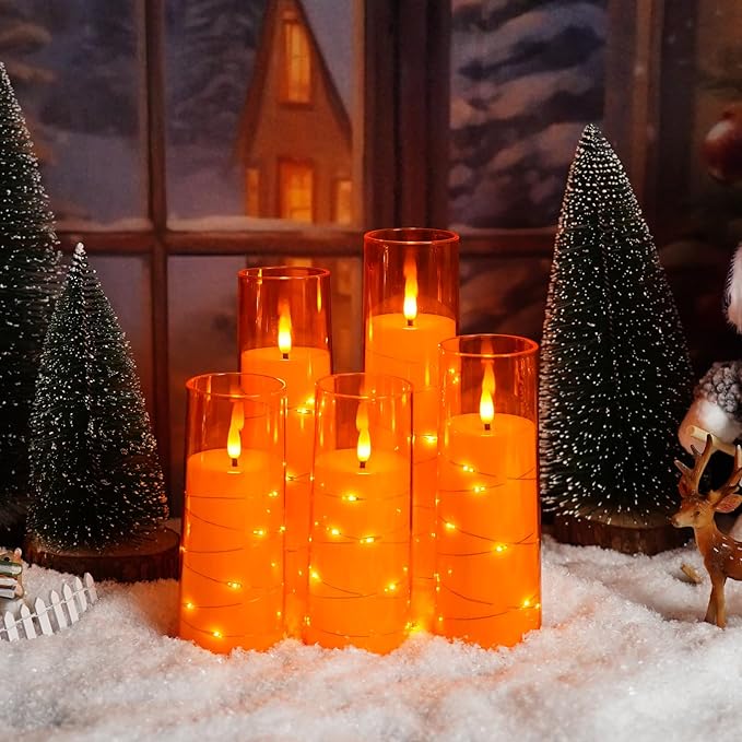 kakoya Flameless LED Candles with Timer 5 Pc Flickering Flameless Candles for Romantic Ambiance and Home Decoration Stable Acrylic Shell,with Embedded Star String,Battery Operated Candles(Orange)