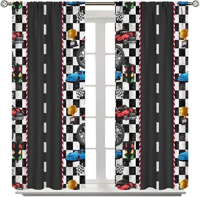 Race Car Curtain,Checkered Flag Black and White Race Cars Window Treatment Curtains Cloth Farbic for Kitchen Bedroom Cafe Dining Room Office Living Room Drapes, 42x45 in