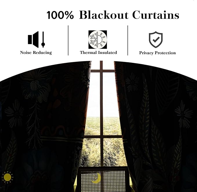 Boho Floral 100% Blackout Curtains for Bedroom 63 inch Long 2 Panels Set Grommet Mid Century Botanical Black Out Curtain Thermal Insulated Room Darkening Window Drapes for Living Room 52Wx63L