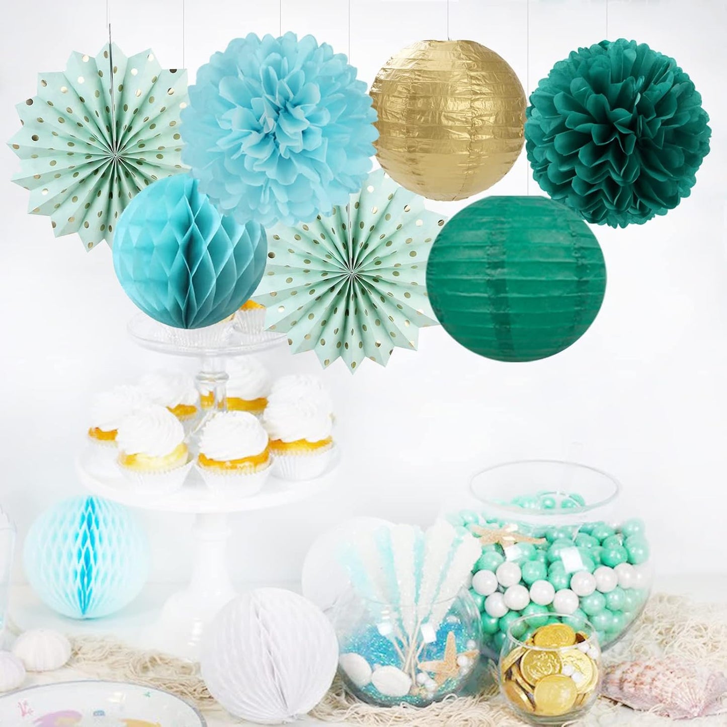 Sage-Green Teal-Blue Party-Decorations Streamers Lanterns - 14pcs Rustic Wedding Baby Shower Paper Lanterns Fan,Tissue Pom Poms,Honeycomb Balls,Birthday Bachelorette Engagement Bridal Decor Ouruola