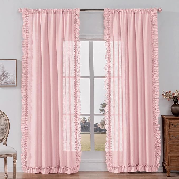 Blush Pink Linen Curtains 84 Inches Long, 2 Panels, Each W47 x L84 Inch, Farmhouse Scalloped Edge Feminine Ruffled Curtains for Living Room, Rod Pocket Privacy Semi-Sheer Flowy Ruffle Curtain Drapes
