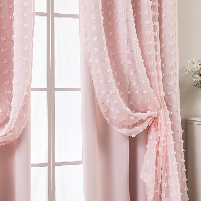 Light Blush Pink Blackout Curtains for Bedroom Nursery Girl 2 Panels,Shabby Chic Floral Pattern Sheer Double Layer Black Out Boho Vintage Victorian Curtains 84 Inch Long Preppy Room Decor Teen Girls
