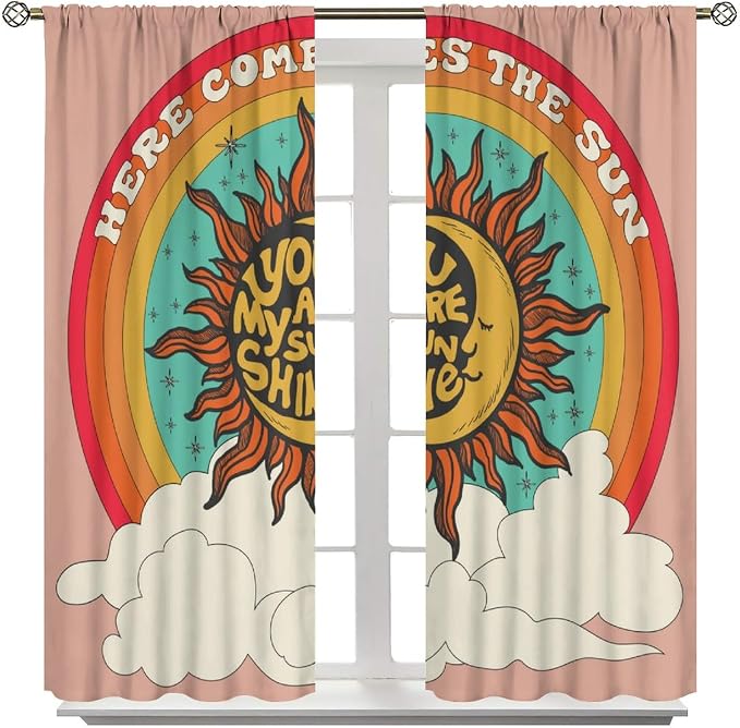 Vintage Sun Moon Blackout Curtains, 70S Groovy Retro Rainbow Clouds Window Treatment Drapes for Bedroom Living Room 84" W X 84" L
