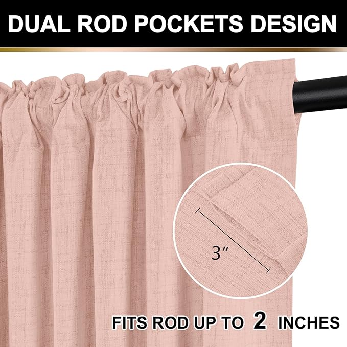 100% Blackout Shield Full Blackout Curtains for Bedroom 90 inch Length 2 Panels Set, Clip Rings/Rod Pocket Faux Linen Black Out Curtains for Living Room, Thermal Insulated, 50Wx90L, Blush Pink