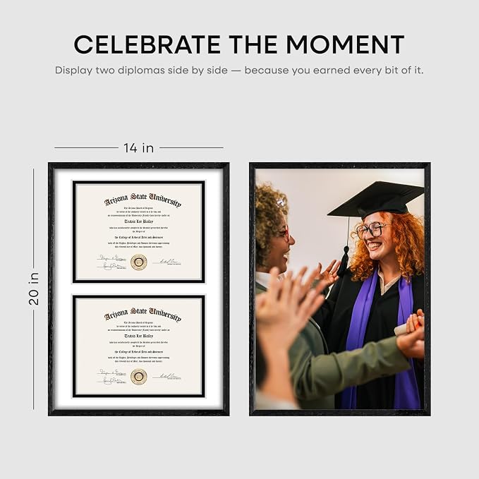 Homeforia 14x20 Double Diploma Frame, High End Oak 14 x 20 Black Wood Certificate Frames with Mat for Two 8.5x11 Diplomas, 20x14 Wooden Dual Award Graduation Frames, Tempered Glass, Wall Kit, Set of 1
