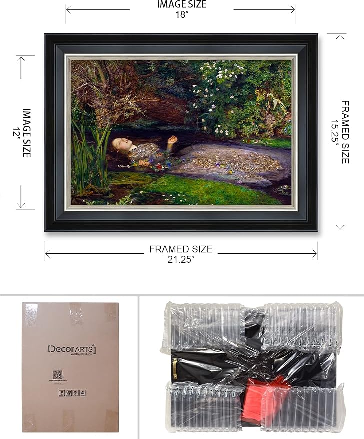 DECORARTS - Ophelia by John Everett Millais. Classical Style Solid Wood Framed, Giclee Prints Professionally Framed for Home and Office Decor. Ready to Hang. Total Size w/Frame: 21.25x15.25