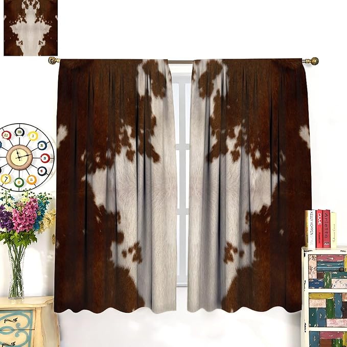 Cow Print Blackout Curtain, Animal Fur Brown Cowhide Western Farm Style Window Treatments Rod Pocket Curtain for Bedroom Living Room Kitchen Decor Drapes 52x84in