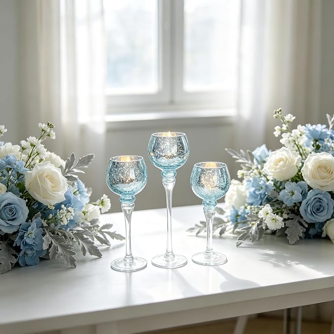 Hosley Elevate Ambiance with Set of 3 Crackle Blue Glass Tealight Holders 12 Inch, 10 Inch, 9 Inch Stylish Home Decor for Unique Candle Displays