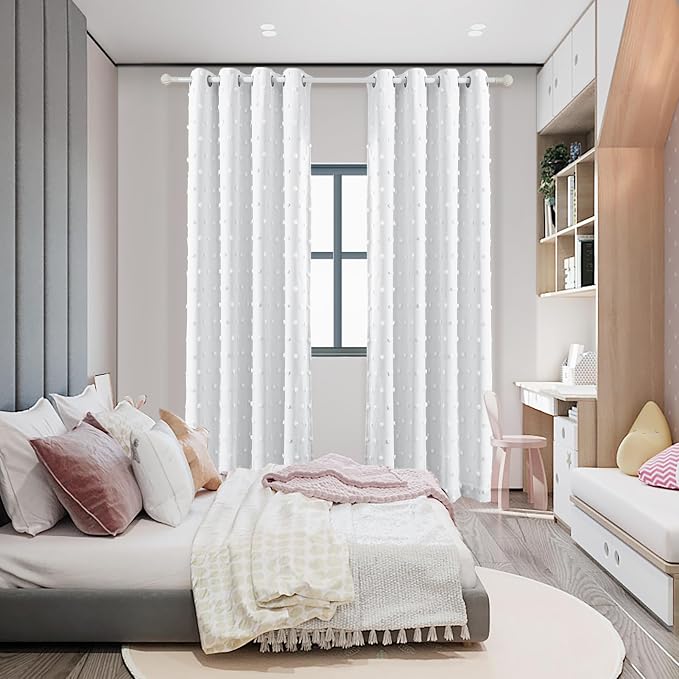 MYSKY HOME White Curtains 100% Blackout Curtains for Bedroom 80 Inch Long Light Blocking Drapes for Girls Room Thermal Insulated Room Darkening Curtains with Pom Pom Sheer Grommet Set of 2, 52W x 80L