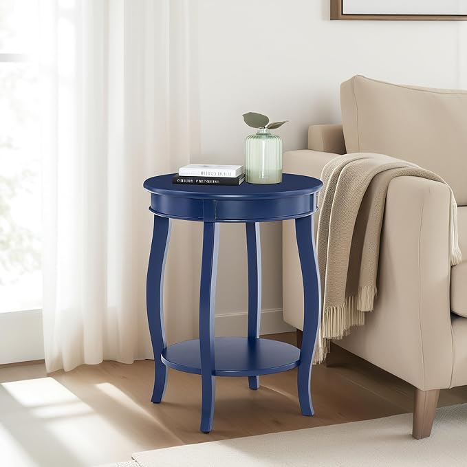 Powell Phipps Navy Blue Round Side Table with Shapely Legs and Shelf