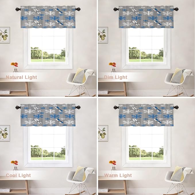 Shrahala Snowflakes Skis Blackout Short Curtains for Windows, Winter Sports Themed Pattern Kitchen Valance Thermal Insulated Rod Pocket Window Treatment for Bathroom 2 Pack 52 X 16 in