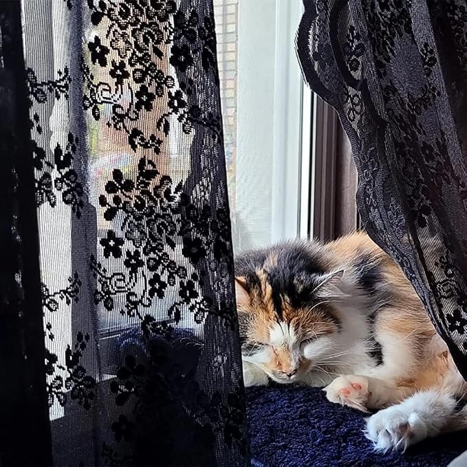 YJ YANJUN Vintage Lace Curtains 45 Inch Length-Victorian Dark Floral Pattern Black Sheer Curtain Panels for Kitchen Bedroom,Light Filtering, Gothic Witchy Halloween Short Drapes 2 Panels 52W x 45L