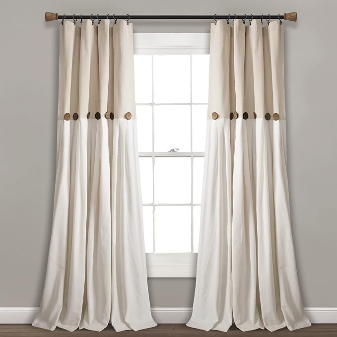 Lush Decor Linen Button Window Curtain Panel, Single, 40" W x 95" L, Gray- Country Curtains - Rustic Decor - Color Block - Modern Farmhouse Curtains