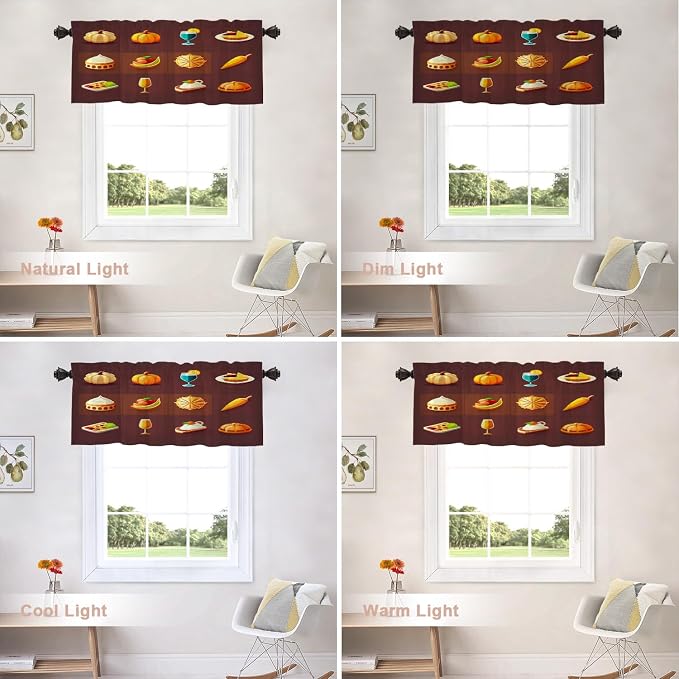 Shrahala Happy Thanksgiving Day Blackout Short Curtains for Windows, Pumpkin Turkey Bird Leaves Kitchen Valance Thermal Insulated Rod Pocket Window Treatment for Bathroom 52 X 18 in
