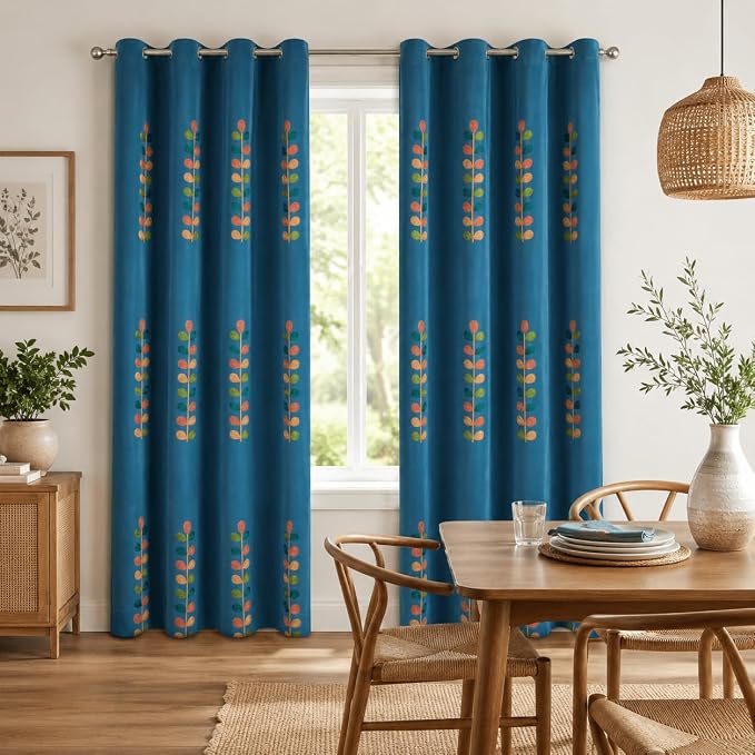 VOGOL Leaves Embroidered Curtains 84 Inches Long, Colorful Leaf Pattern Faux Linen Drapes for Living Room, 2 Panels Thermal Privacy Grommet Curtain for Farmhouse, 52 x 84, Blue