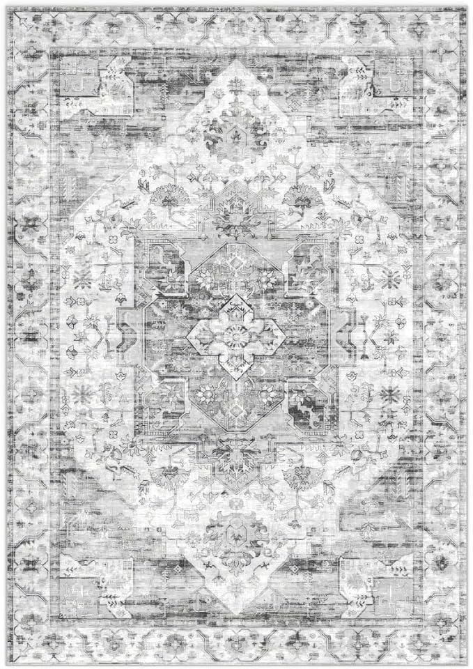 3x5 Area Rug for Living Room-Vintage Farmhouse Boho Floral Washable Stain Resistant Indoor Carpet for Bedroom Office and Home Decor(Black&Grey)