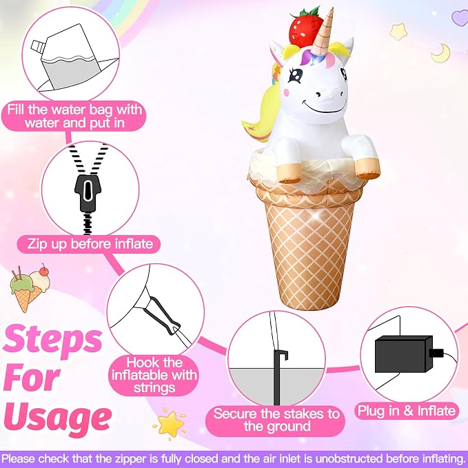 5FT Inflatable Unicorn with Ice Cream Cone for Summer Outdoor Decorations, Giant Blow Up Ice Cream Built-in LED Lights for Sweet Candy Theme Girls Birthday Party, Beach Pool Yard Garden Photo Backdrop